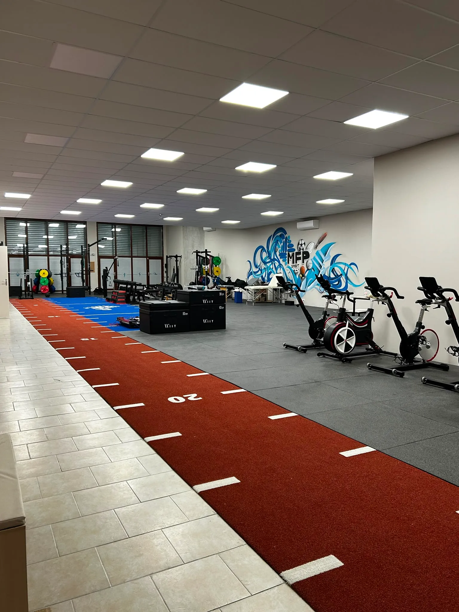 Rangée de vélos de spinning devant la fresque MFP Sport